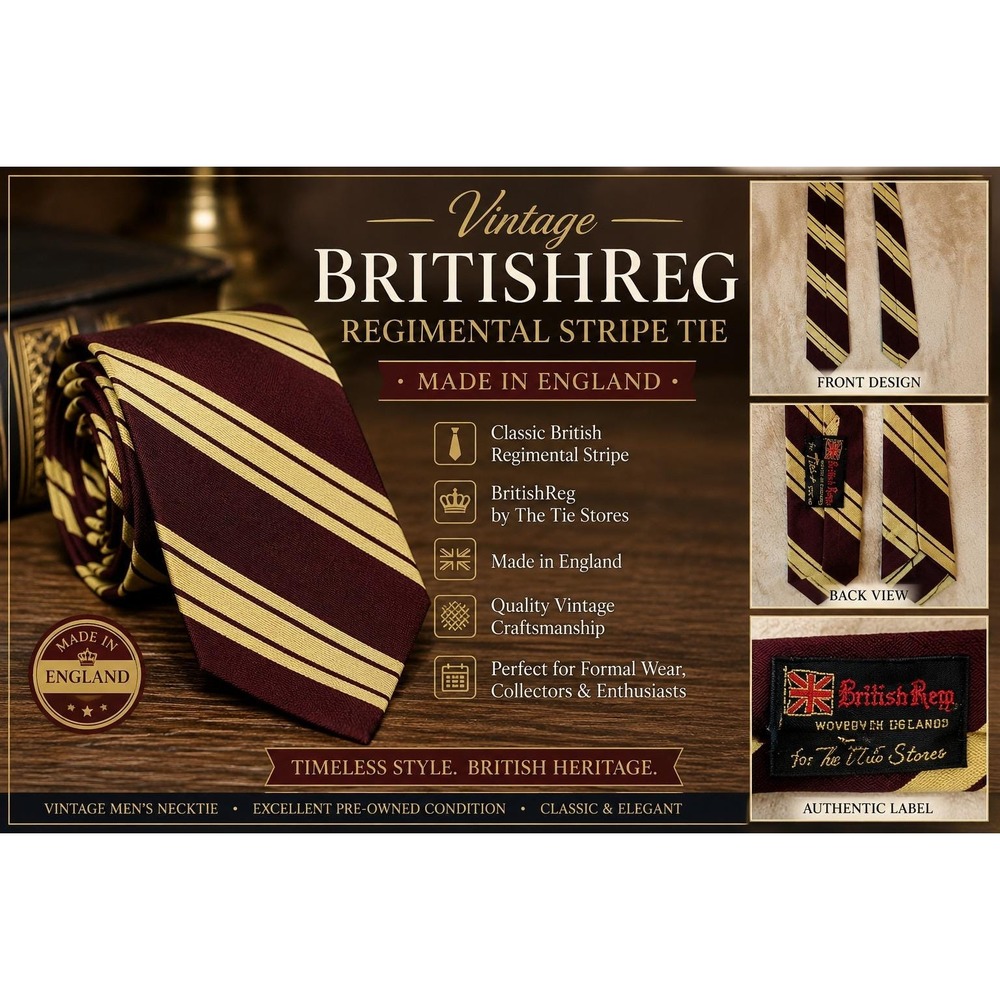 British Repp Vintage Regimental Stripe Tie Burgundy Gold Woven in England Mens